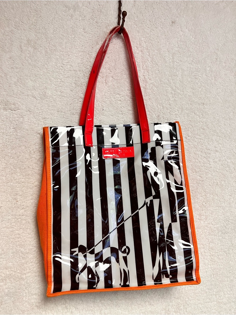 henri bendel Black & White Striped Tote with Red Handles and Orange Trim